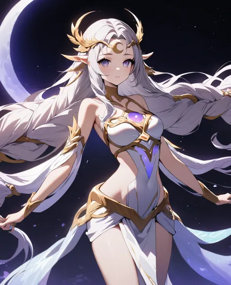 Moon goddess, beautiful face, young, crescent moon on forehead, long flowing hair