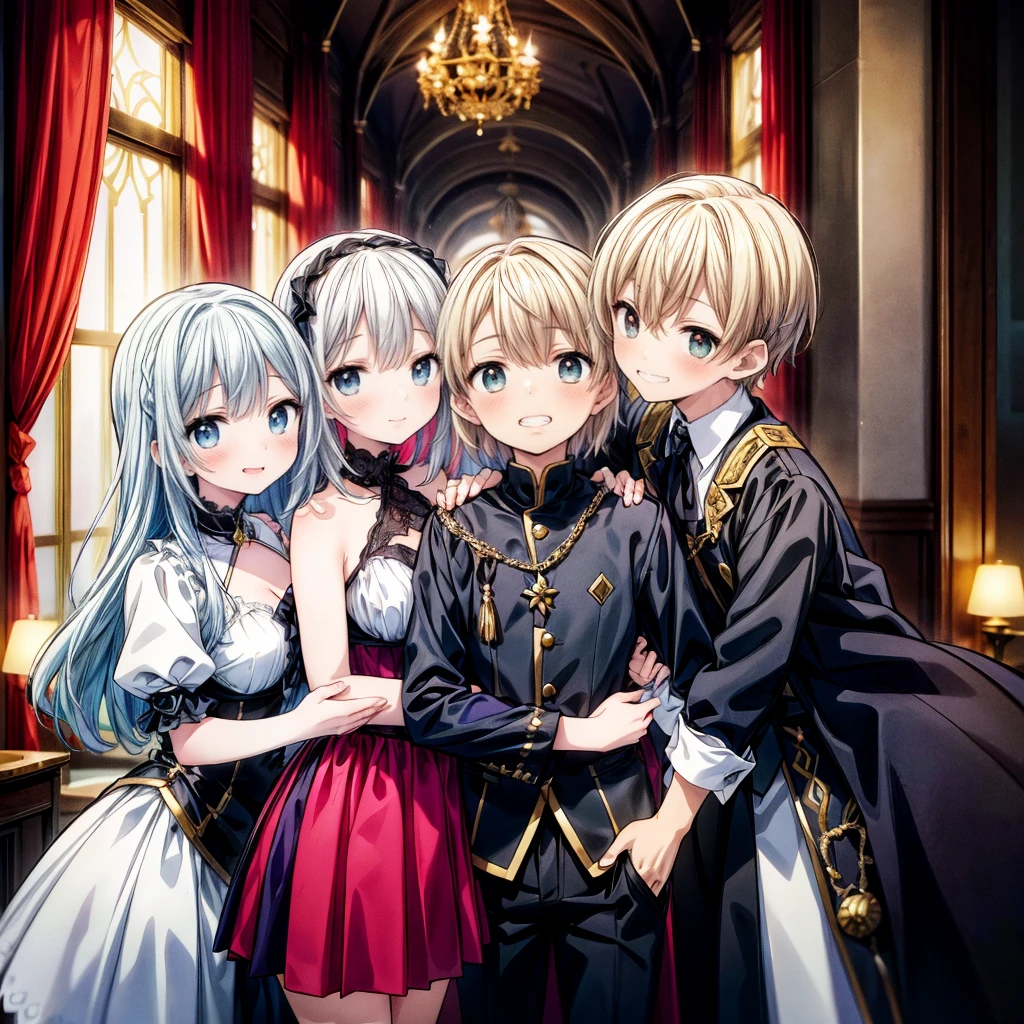 (masterpiece), highest quality, In a fantasy world, There are five different characters, ((4 pretty lady in different type of job and different hair style and different hair color embracing a youth boy)), They are hugging each other, Grin_boy, colorful, smile, The background is a castle