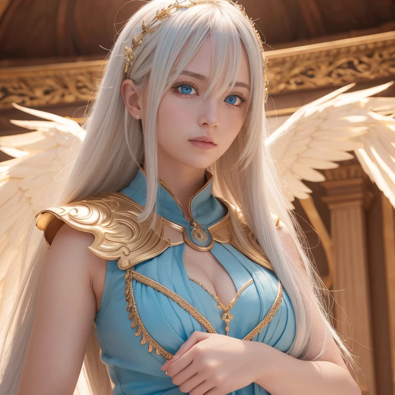 amazing quality, hyper detail, hyper realistic, 8k, rawphoto,
girl, very long hair, bangs hair style, white blue hair color, glowing dodger blue eyes color, 
perfect anatomy,perfect body, perfect face detail, perfect nose,
ultra detailed eyes, ultra detail face, ultra detailed skin, 
wearing fantastic angelic armor, necklace,
random background,
eye contact, smiling, stylish pose,front side 