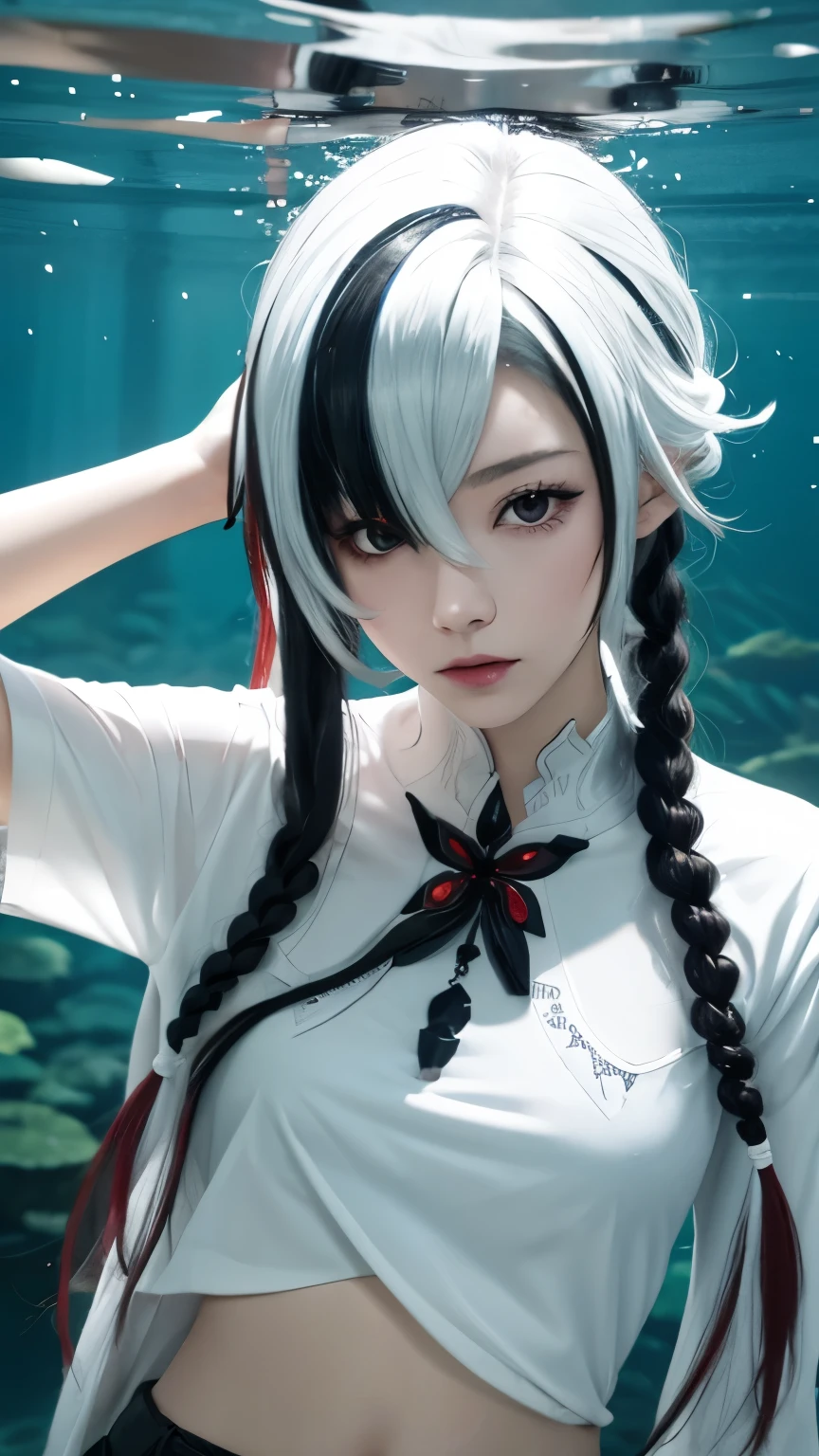 1girl，（Sleep and Peace：0.9），Head tilt，（Underwater，Underwater主题，Underwater森林，reflection：1.2），Upper body，White hair,black hair,Colorful hair,Straight Hair,Long braids,Red eyes,Red X pupils,White shirt，Navel，miniskirt，Lace，whole body