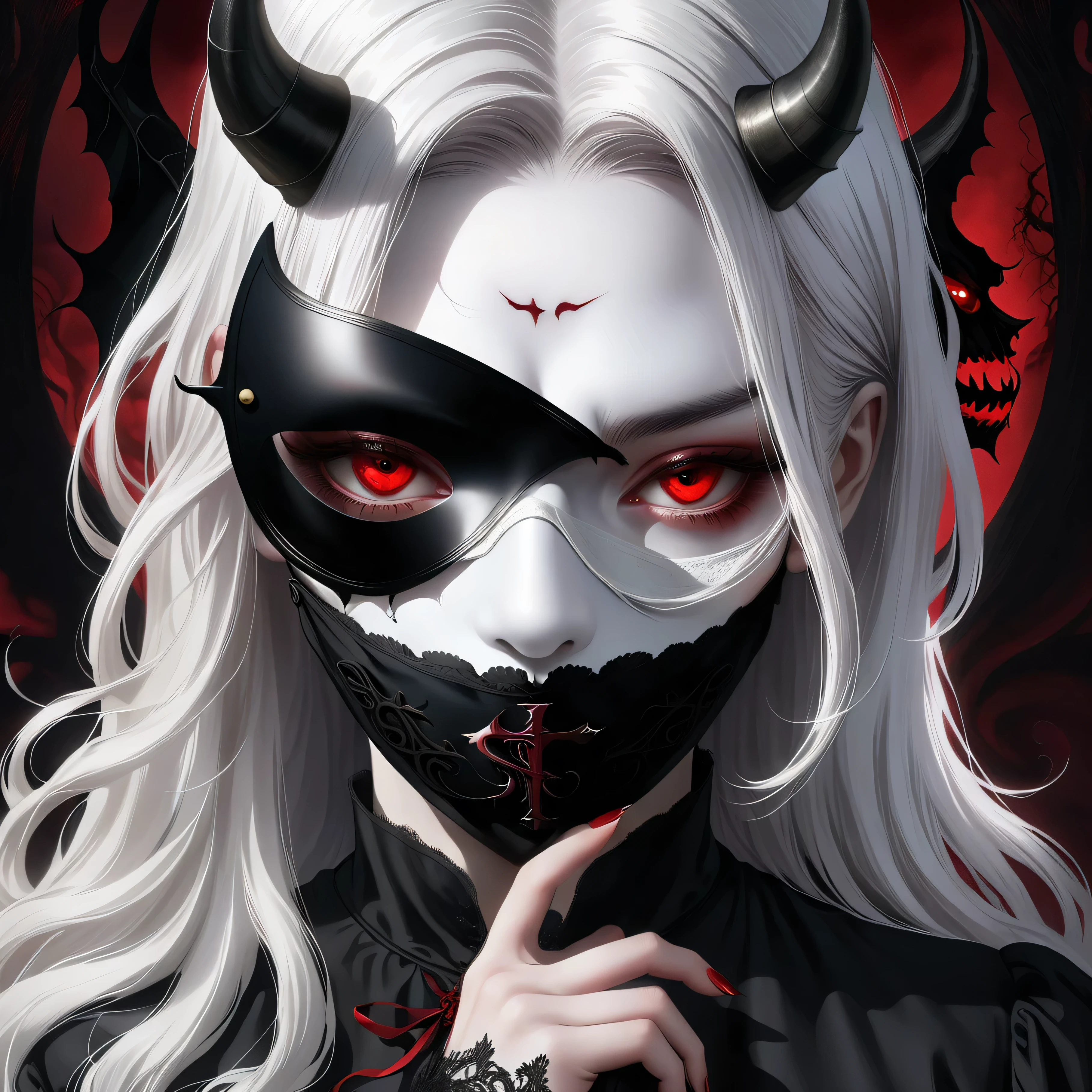 （Holding a mask in hand：1.5），（White-haired ghost wearing an eyepatch，straight hair，red eyes），（gothic art），（The devil is behind her），（fear：1.5），（Correct human anatomy：1.37）