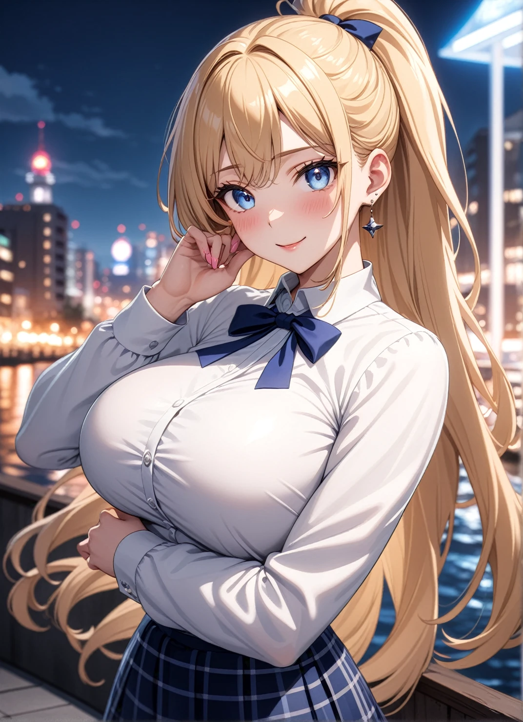 ((One girl)), Beautiful Face,An evil smile,Blushing,Glossy Lips,Abstract, Harbor night view, ((Anime style background)),masterpiece, highest quality, so beautiful, Absurd, up to date, Complex details, Pink long nails,AI-generated, Complex,High resolution, highest quality, super high quality,3D Images、View the viewers、3D Images,one person,Long Blonde Hair,High Ponytail,blue eyes,Anime girl posing for photo, [[Fine grain、Colorful eyes、Shining Eyes:1.15]],(Squint your eyes:1.1),a hyperRealistic , hyperRealistic , Realistic , blonde anime girl with long hair, Smooth anime CG art, Beautiful anime school girl,White long sleeve blouse,Blue checked skirt,Big blue chest ribbon, Earrings,(Large Breasts:1.3),Mature Body,tall,Big Ass,Fine details,Abdominal muscles,(Look Back),Stick your butt out,Put your hands on your face