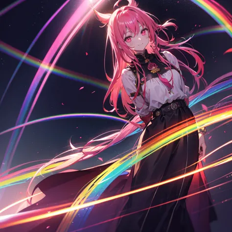 ((Fantasy　Long Hair　Red line　Pink Eyes　Rainbow Hair))　((night　Western style　Shining Aura))　　Light shines in　Catch the wind　Tense...