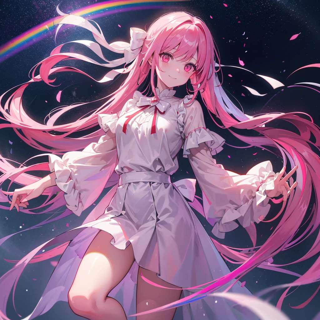 ((Fantasy　Long Hair　Red line　Pink Eyes　Rainbow Hair))　((night　Western style　Shining Aura))　(Broken glass　Big white ribbon)　Light...