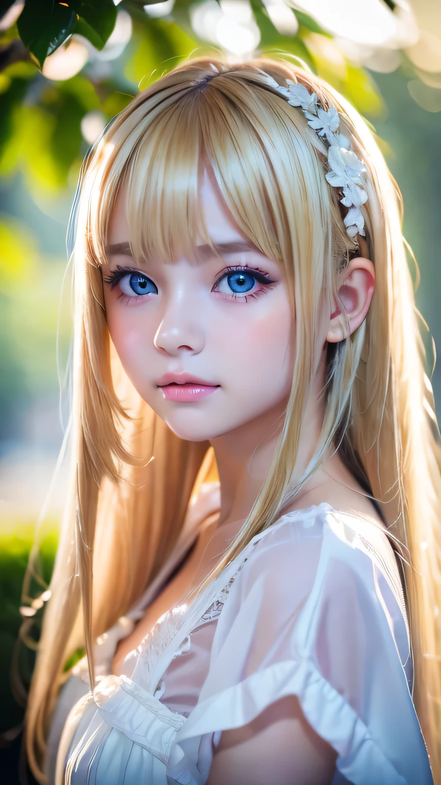 photo brute、(((Portrait d&#39;une beauté extrême)))、((Peau blanche éclatante))、1 fille、 Jolie belle fille、((Cheveux blonds naturels clairs et brillants))、[yeux bleu vif]、cheveux fins et soyeux、cheveux très longs et raides、eye-liner、une frange sur les yeux、Frange entre les yeux、Un chef-d&#39;œuvre flottant、最Haute qualité、ultra-détaillé、lumière du film、haute résolution、très détaillé))、contexte détaillé、8k euh、Appareil photo reflex numérique mono-objectif、Lumière douce、Haute qualité、Faible profondeur de champ、lumière douce et naturelle、（des mains parfaites）、parfait beau visage、vêtements de femme de chambre