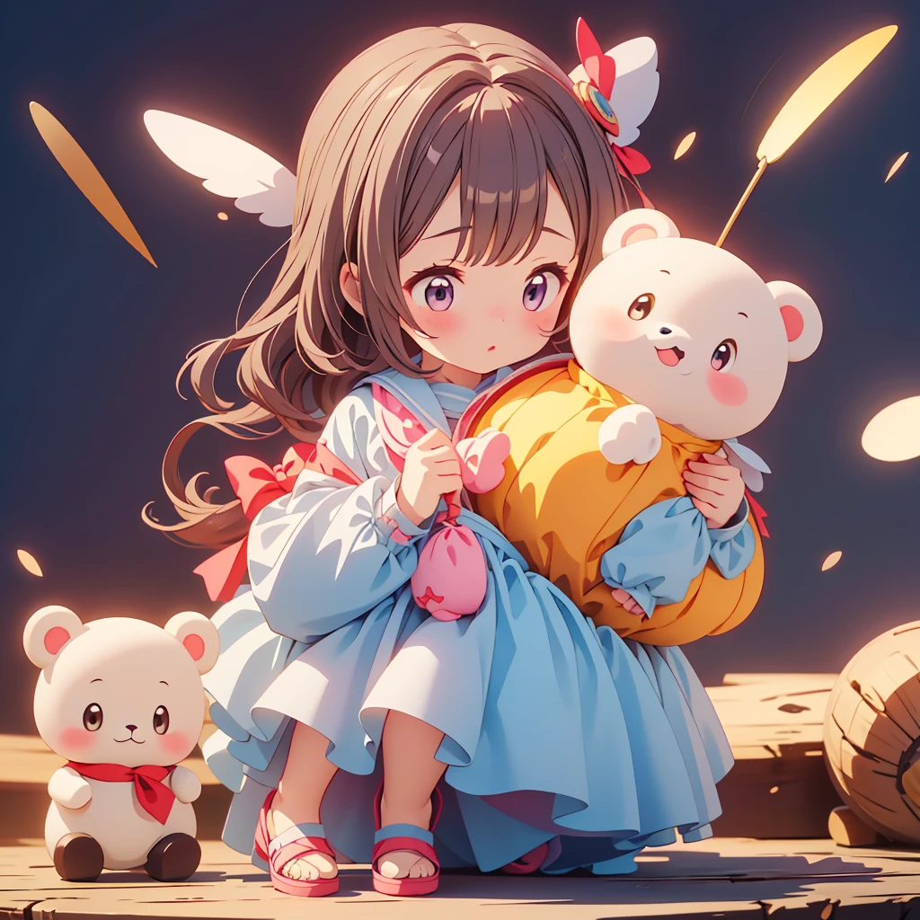 highest quality、Masterpiece、Official Art、The best composition、The best light source、Little、cute、A baby in a costume is carrying a large stuffed toy that seems heavy、The way they try their best is very cute.、