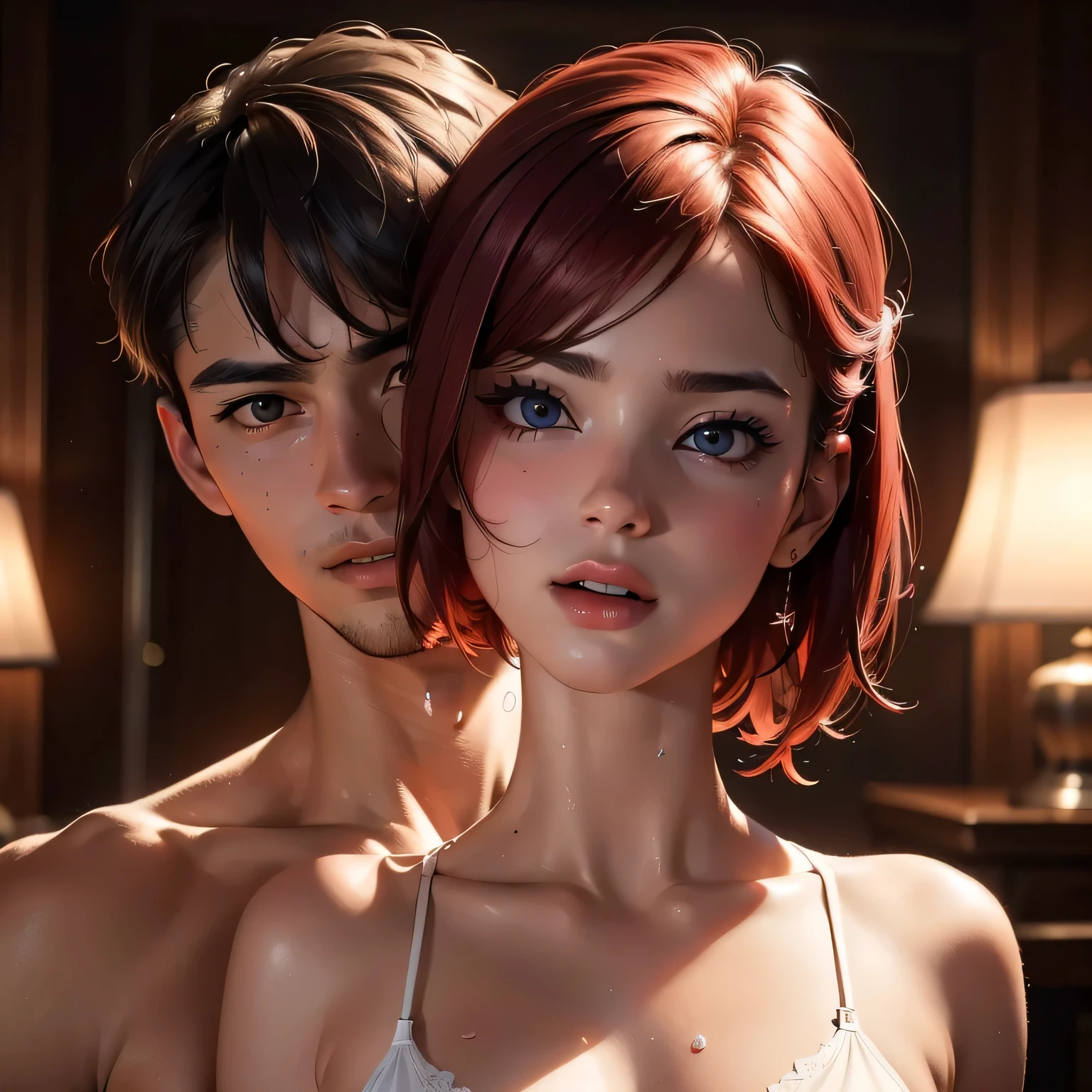 Anime couple posing in front of a lamp in a dark room - SeaArt AI