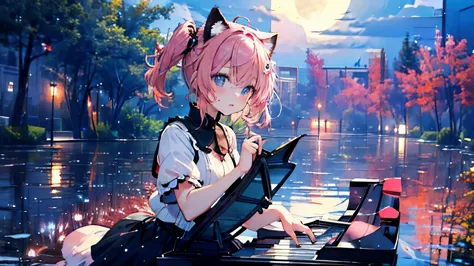 I want you to picture a scene of a girl playing the piano alone with the moon and stars in the sky. Anime, pink hair, cat ears. ...