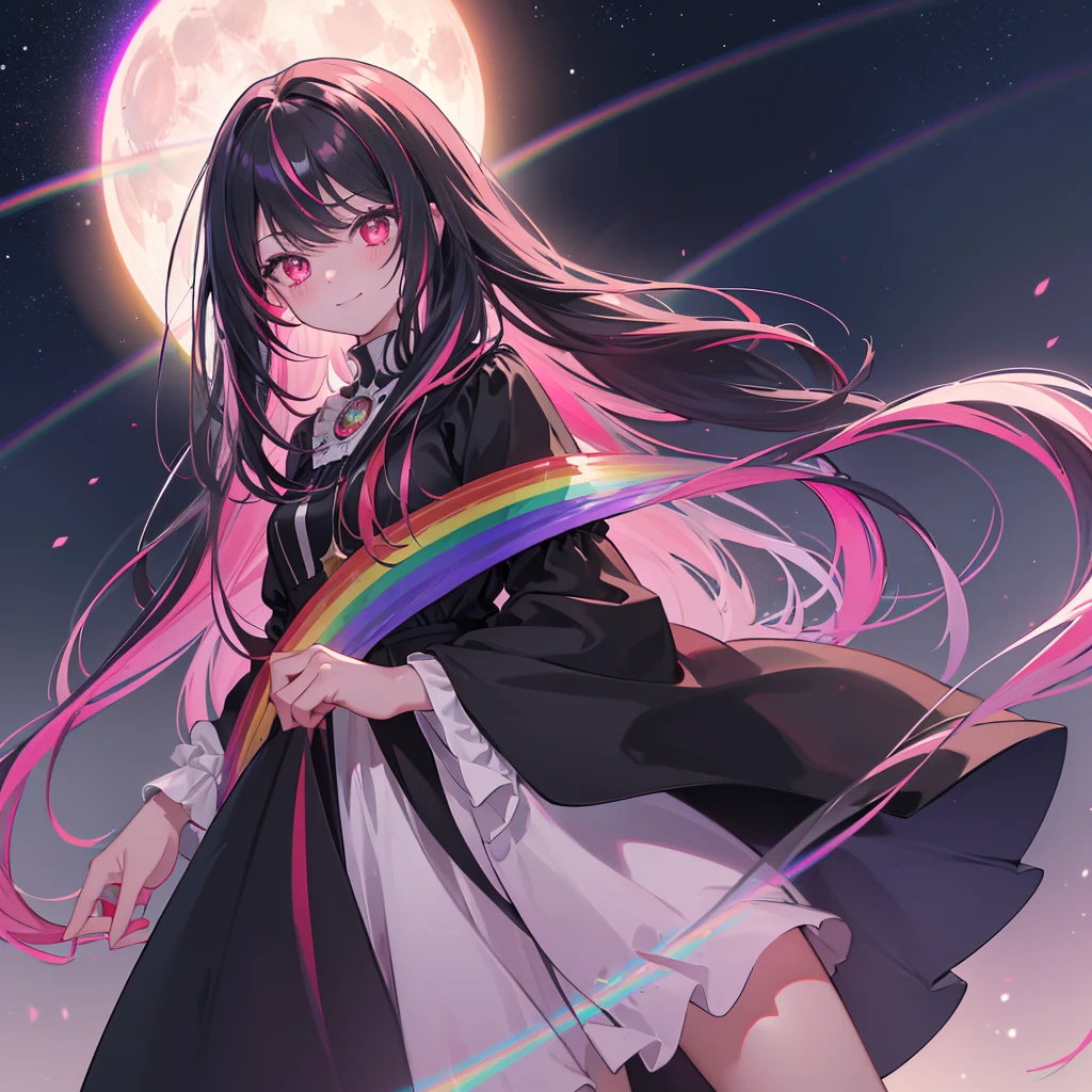 ((Fantasy　Long Hair　Red line　Pink Eyes　Rainbow Hair　Black Dress))　((night　Western style　Shining Aura))　Broken glass　Big white ri...