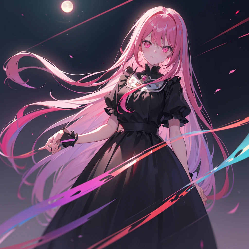 ((Fantasy　Long Hair　Red line　Pink Eyes　Rainbow Hair　Black Dress))　((night　Western style　Shining Aura　Broken glass))　Big white ri...