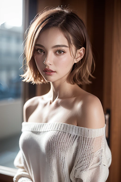 Beautiful woman、1 person,Very cute and slim、Excellent style 、((8k images、super high quality))、Very delicate face, Skin and Hair、Red lipstick、straggling hair,(((((short hair、Light brown hair、Blonde hair))))),Very cute cut face、Eyes and nose are clearly visible、Kind eyes,(((Off-the-shoulder sweater、Simple Background、Looking at the audience)))