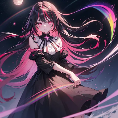 ((Fantasy　Long Hair　Red line　Pink Eyes　Rainbow Hair　Black Dress))　((night　Western style　Shining Aura　Face is close　))　Broken gla...