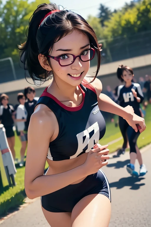 Sports competitionsの日、Sports competitions、gallery、Students cheering、女子100 m競走、((highest quality:1.4、8k、32k、Hmph:1.3))、(An unparalleled masterpiece)、((RAW Photos、realism:1.6))、Japanese Girls、Outdoor,playground,Schoolyard,Schoolyard,(physical education:1.3),(Per class:1.3)Girl smiling at the camera、Dynamic pose、(Sports competitionsの日、100 m走、running)、Dynamic Angle、School gym clothes、Bloomers、(Huge breasts:0.5、thin abdomen、The lower body is thin)、Ulzzang-6500-v1.1、Teenage Girls、Highly detailed face、Fine grain、Round face、Baby Face、Detailed Iris、double eyelid、(((Glasses、Long black hair、High up ponytail)))、Photon Mapping、Detailed skin texture、100 m,From head to toe:1.5,