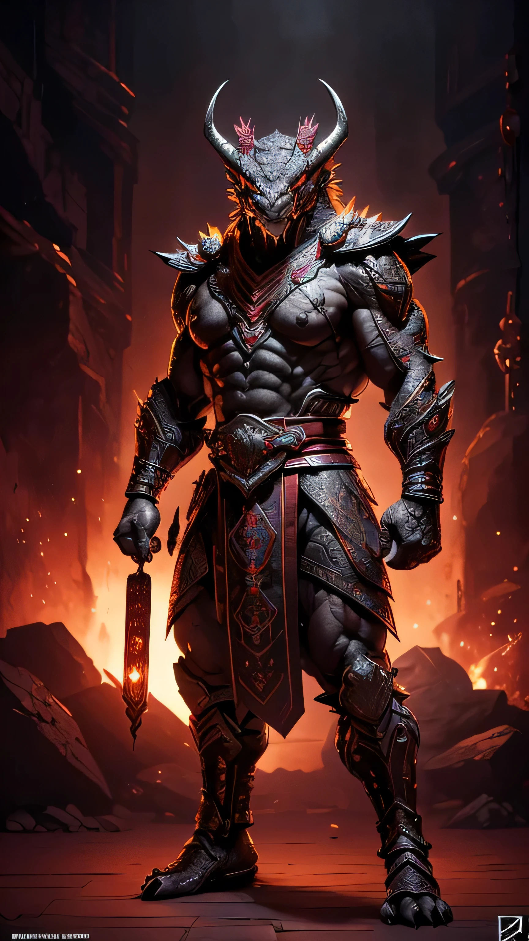 Onaga from Mortal Kombat, dark gray dragonborn, massive muscular physique, horns, tail, glowing yellow eyes, royal ornate armor, intricate motifs, 1man, solo, full body view, front view, looking at viewer, intricate, high detail, sharp focus, dramatic, photorealistic painting art by greg rutkowski