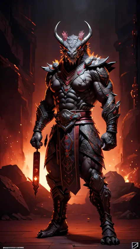 (Onaga) from Mortal Kombat, (dark gray dragonborn), massive muscular physique, (glowing purple eyes:0.75), horns, tail, royal or...
