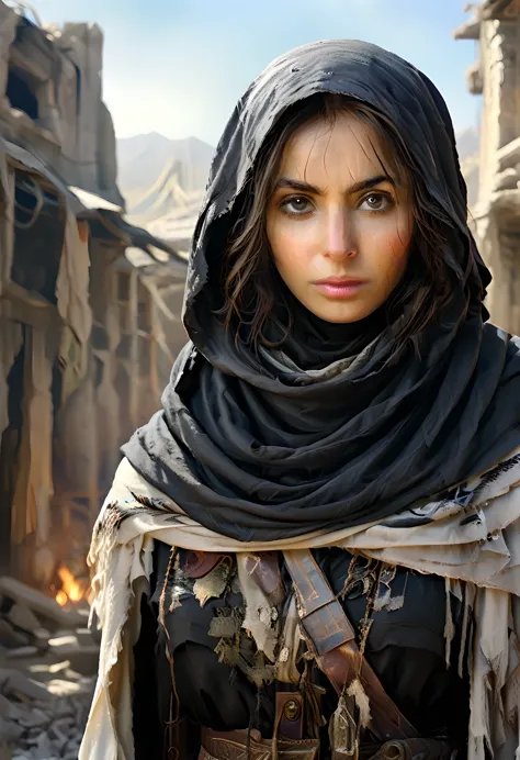 a woman in a white robe and scarf standing in front of ruins in afghanistan, large eyes looking forward with a melancholic expre...