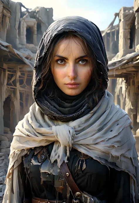 a woman in a white robe and scarf standing in front of ruins in afghanistan, large eyes looking forward with a melancholic expre...