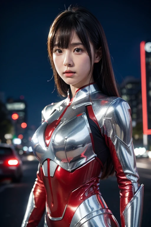 Ultraman、realistisch、realistisch、filmische Beleuchtung, Mädchen in einem glänzenden rot-silbernen Anzug、、professionelle Fotos、Don&#39;Setzen Sie Ihre Haut nicht dem direkten Sonnenlicht aus., japanisches Modell, japanische cgi、Ultraman-Anzug、, Power Rangers Anzug、enger und dünner Cyber-Anzug,Der ganze Körper ist gummiartig、Dort&#39;s pink Dort、 zarter Körper, große Brüste、kleiner Arsch、Dünne Oberschenkel、Dünne Arme、dünne Taille、Kamelzehe、Beide Seiten des Cyber-Anzugs haften auf der Haut、große Augen、schwarze kurze Haare、nach vorne gerichtet、nach vorne gerichtet立っている、In der Brust ist eine leuchtende Kugel eingelassen.、Aufsatzprüfung、 blauer himmel hintergrund