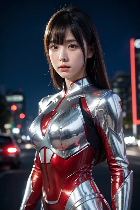 Ultraman、realistic、realistic、cinematic lighting, Girl in a shiny red and silver suit、15 years old、professional photos、Don&#39;Do...