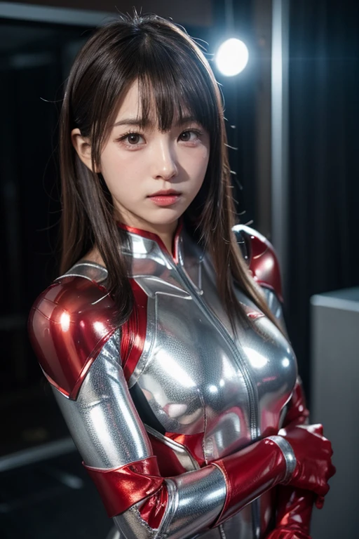 Ultraman、realistic、realistic、cinematic lighting, Girl in a shiny red and silver suit、、professional photos、Don&#39;Do not expose your skin, japanese model, japanese cgi、Ultraman Suit、, Power Rangers Suit、tight and thin cyber suit,Whole body rubbery、There&#39;s pink There、 delicate body, big breasts、small ass、thin thighs、thin arms、thin waist、camel toe、Both sides of the cyber suit stick to the skin、Big eyes、black short hair、facing the front、facing the front立っている、A glowing sphere is embedded in the chest.、Essay Examination、 blue sky background