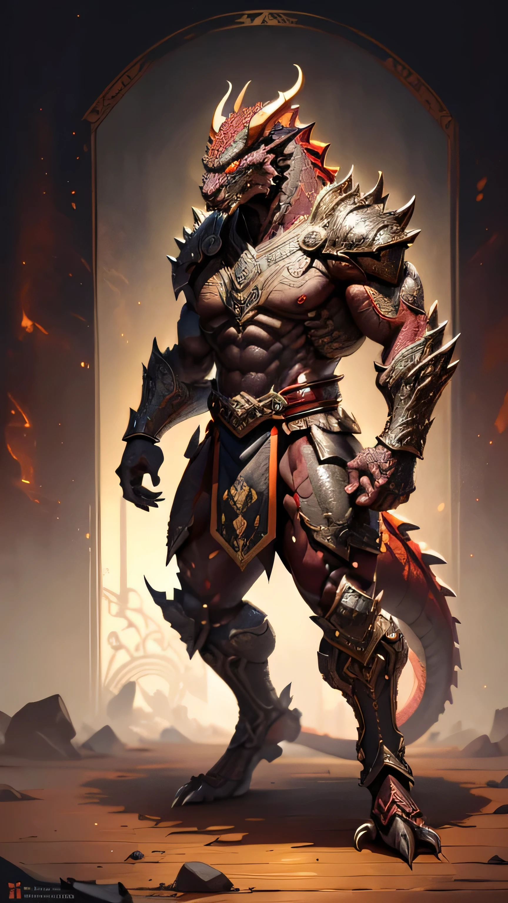 (Onaga) from Mortal Kombat, (dark gray dragonborn), massive muscular physique, (glowing yellow eyes:0.5), horns, tail, royal ornate maroon armor, intricate motifs, 1man, solo, full body view, front view, looking at viewer, intricate, high detail, sharp focus, dramatic, photorealistic painting art by greg rutkowski