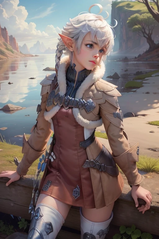 alisaie,1girl,single braid,hair ribbon,brown jacket,red dress,fur trim,belt,thigh boots,(outdoors:1.33),fantasy,landscape,