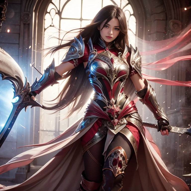 beautiful lady, subtle makeup, photorealistic, high contrast, 8k HD, detailed, hyper-detailed, realistic skin texture, perfect anatomy, perfect female body,
long hair, white hair, big breast, glowing blue eyes, perfect nose, best quality, ultra high res, raw photo, diffuse glow, full body white knight armor, cape, holding sword,
stylish pose, medieval theme