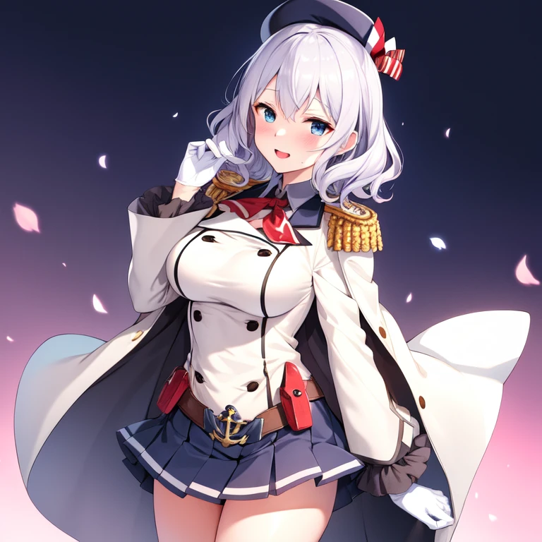 (masterpiece, best quality:1.2),giggle,A hand touched his chest,illustration,8K,HD,1 girl,solitary,portrait,blush,white hair,blue eyes,curls,Double tail,Berets,Epaulettes,Ruffled sleeves,Jacket,Large Breasts,Long sleeve,,mini skirt,Pleated Skirt,Red tie,White gloves,anchor,Solid color background