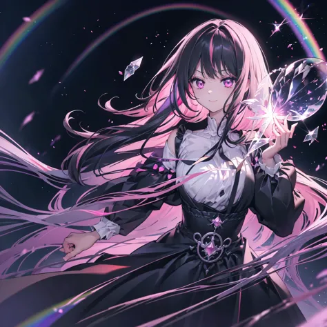 ((Fantasy　Long Hair　Pink Eyes　Rainbow Hair　Black Dress))　((night　Western style　Shining Aura　Face is close　))Distorted Space-Time...