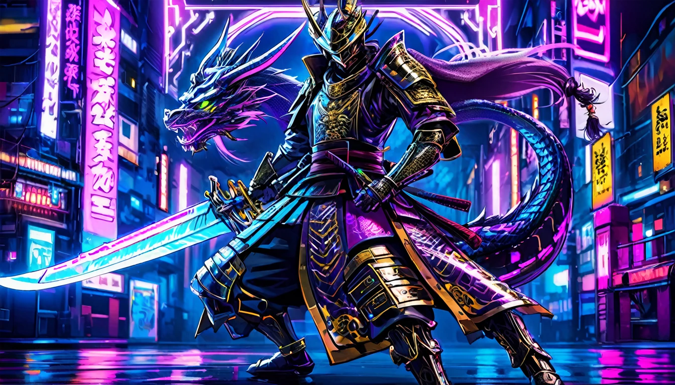 A samurai warrior in liquid metal armor with dragon designs, wielding a neon lit blade, in a cyberpunk arena, full body, (best quality,4k,8k,highres,masterpiece:1.2),ultra-detailed,(realistic,photorealistic,photo-realistic:1.37),HDR,UHD,studio lighting,ultra-fine painting,sharp focus,physically-based rendering,extreme detail description,professional,vivid colors,bokeh,cyberpunk,science fiction,mecha
