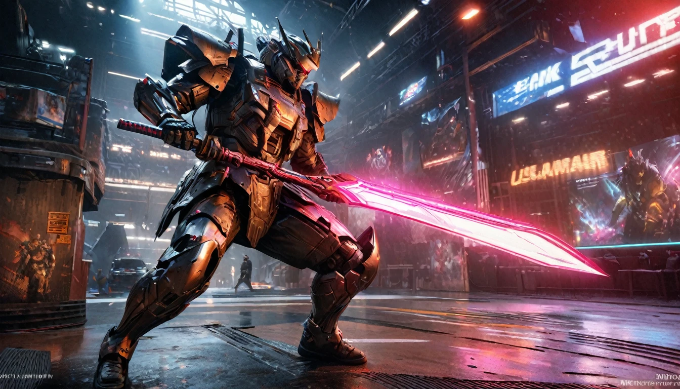 A samurai warrior in liquid metal armor with dragon designs, wielding a neon lit blade, in a cyberpunk arena, full body, (best quality,4k,8k,highres,masterpiece:1.2),ultra-detailed,(realistic,photorealistic,photo-realistic:1.37),HDR,UHD,studio lighting,ultra-fine painting,sharp focus,physically-based rendering,extreme detail description,professional,vivid colors,bokeh,cyberpunk,science fiction,mecha
