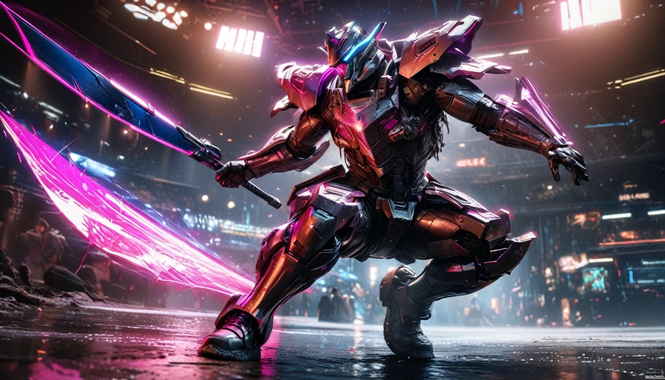 A samurai warrior in liquid metal armor with dragon designs, wielding a neon lit blade, in a cyberpunk arena, full body, (best quality,4k,8k,highres,masterpiece:1.2),ultra-detailed,(realistic,photorealistic,photo-realistic:1.37),HDR,UHD,studio lighting,ultra-fine painting,sharp focus,physically-based rendering,extreme detail description,professional,vivid colors,bokeh,cyberpunk,science fiction,mecha
