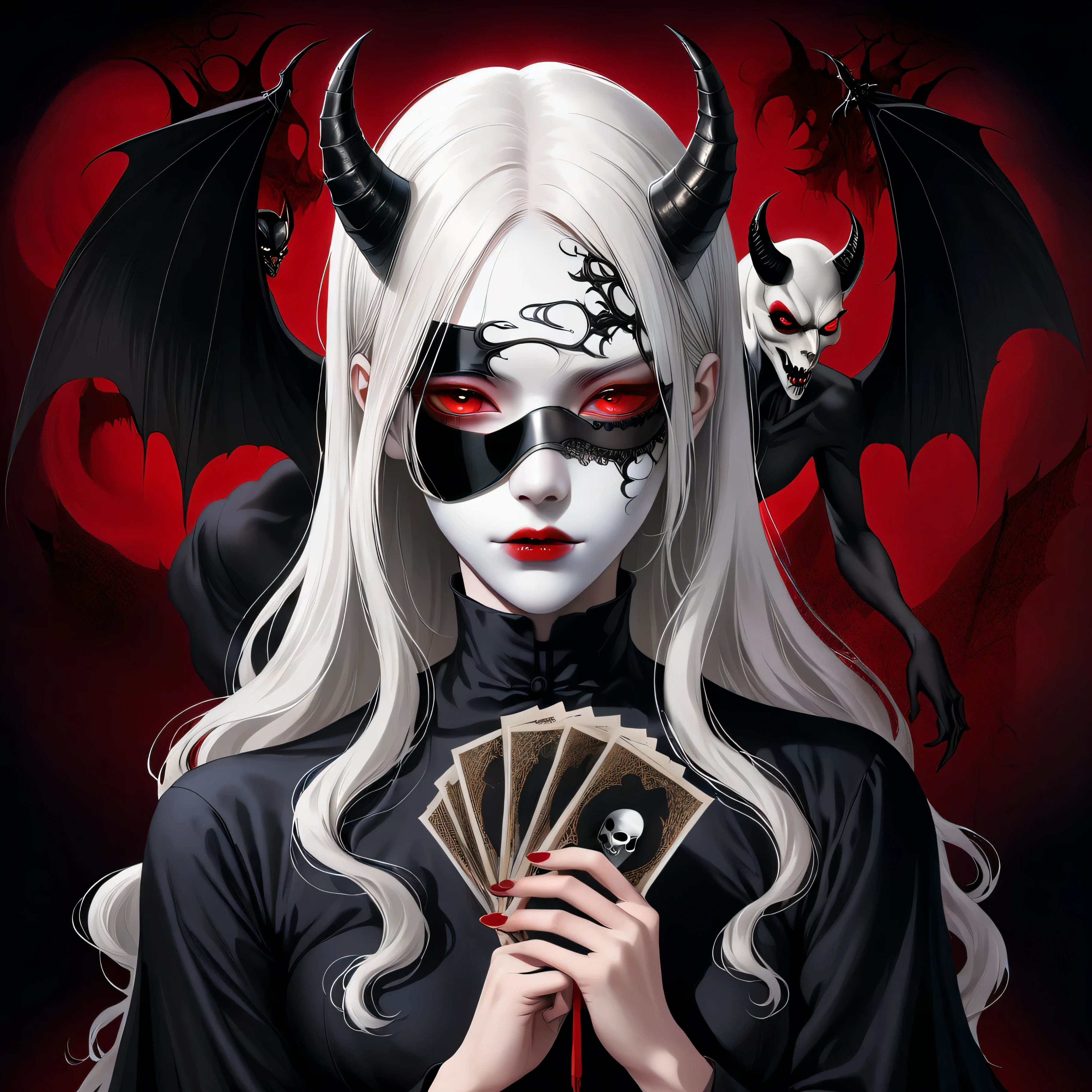 （Holding a mask in hand：1.5），（White-haired ghost wearing an eyepatch，straight hair，red eyes），（gothic art），（The devil is behind her），（fear：1.5），（Correct human anatomy：1.37）