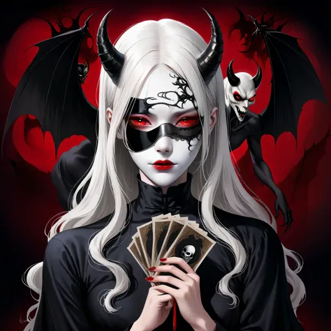 （Holding a mask in hand：1.5），（White-haired ghost wearing an eyepatch，straight hair，red eyes），（gothic art），（The devil is behind h...