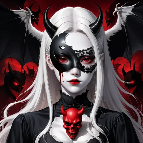 （Holding a mask in hand：1.5），（White-haired ghost wearing an eyepatch，straight hair，red eyes），（gothic art），（The devil is behind h...