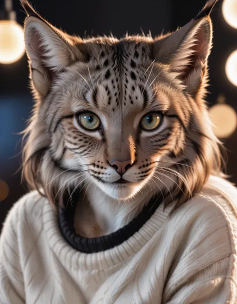 Closeup photo,  anthro furry lynx female ,wearing a wool sweater, high quality photography, 3 point lighting, flash with softbox...