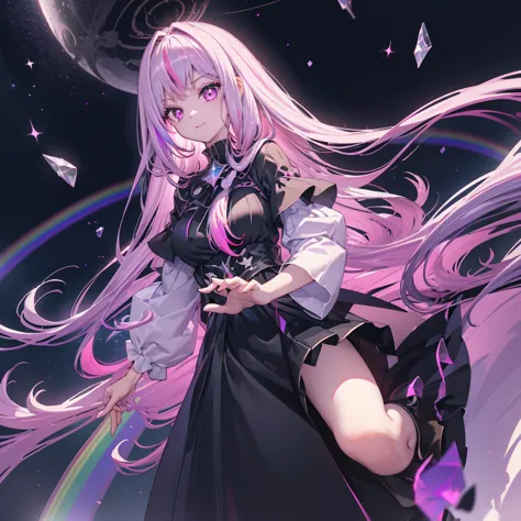 ((Fantasy　Long Hair　Pink Eyes　Rainbow Hair　Black Dress))　((night　Western style　Shining Aura　Face is close　))Distorted Space-Time...