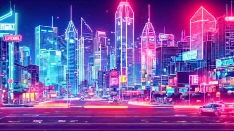 Pixel Games，Set design，Fantastic scene，Cyberpunk Style，Neon color，High saturation，Space City，Lots of signs,temporarily stopped， ...