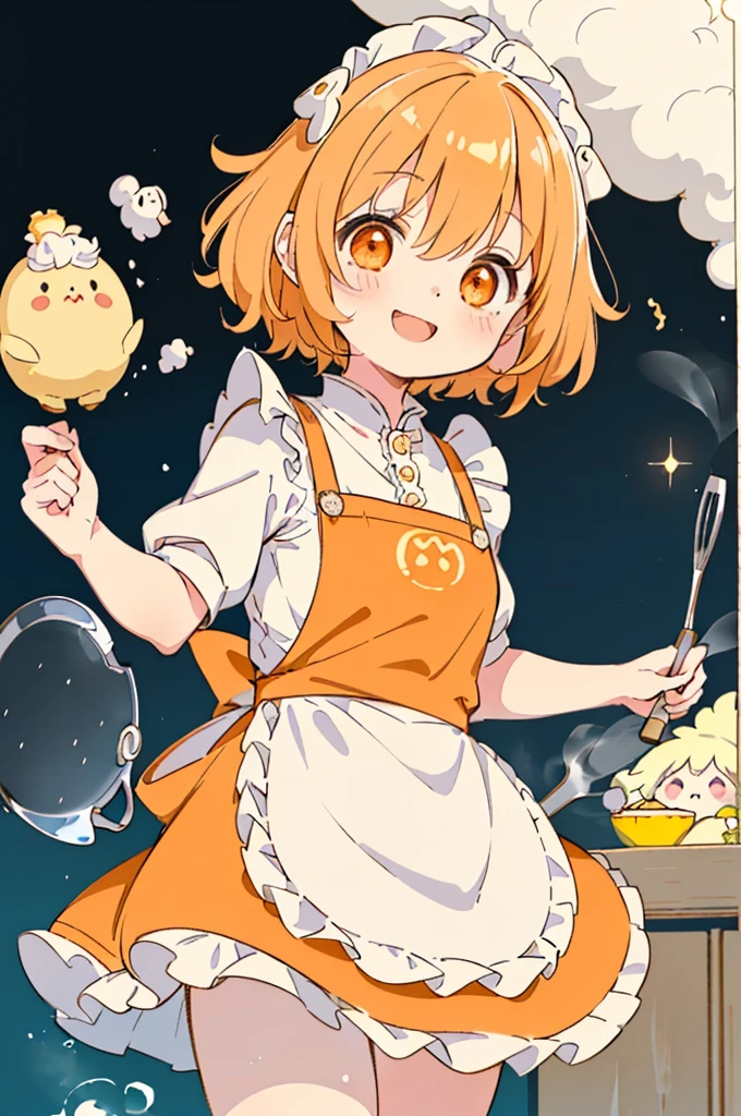 (Chibi:1.15),girl,blush,(swirly hair:1.35),(Fluffy short hair:1.2),(butter shaped hair ornament:1.3),(A big smile:1.35),(orange heart-like eyes:1.3),(smiling with open mouth:1.25),(A fantasy atmosphere with kitchen utensils such as ladles and frying pans flying around.:1.25),(A cute silhouette costume with an apron with lots of frills:1.3),(Naked apron style:1.25),(Cute pose with hand on side of face:1.3),(Burikko:1.3),(close up of face:1.35),(Brightness:1.35),(Gentle sunlight:1.25),(Freshly steamed potato butter:1.25),(steaming potatoes:1.3),(Cute stuffed animals and sweets are flying around:1.3),(Colorful and cute POP atmosphere:1.2),