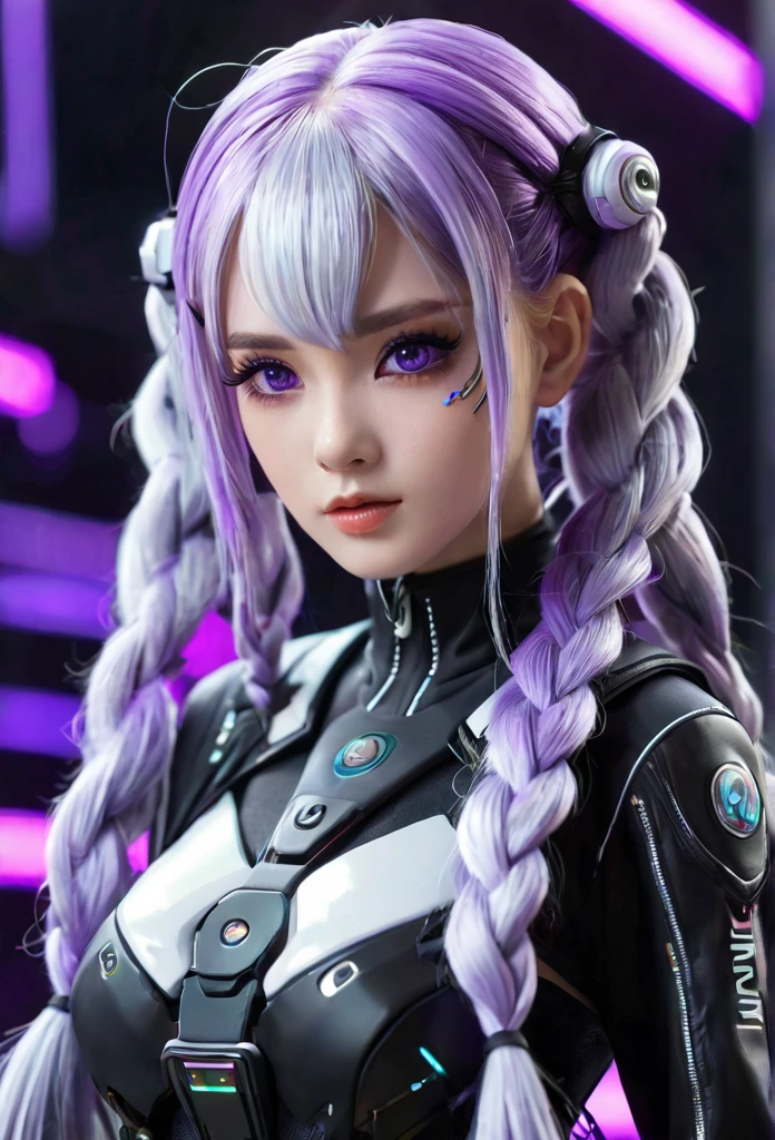 yinji,1fille,seulement,violet_cheveux,violet_yeux,très_Long_cheveux,gris_cheveux,tressé_queue de cheval,grand_seins,pente_cheveux,cool,visage de poupée,visage parfait,cyberpunk,holographie,casser,(Super Long pigtails:Couleur lilas),casser,fond de cyberespace,Costume Yinji:détaillé,violet, schéma de couleurs blanc et noir,néon,danse,Anatomiquement correct