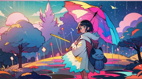 umbrellaをさして道を歩いている女の子,One Girl,Whimsical art, it&#39;s raining, whimsical fantasy landscape art, Dreamy illustration, Beautiful...