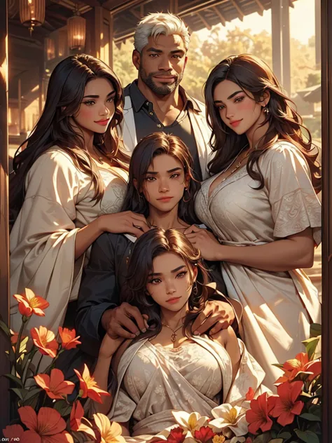 (Best Quality, 2k, Masterpiece, QHD: 1.3, A Handsome short haired african barbarian   man is surrounded by three women up agains...