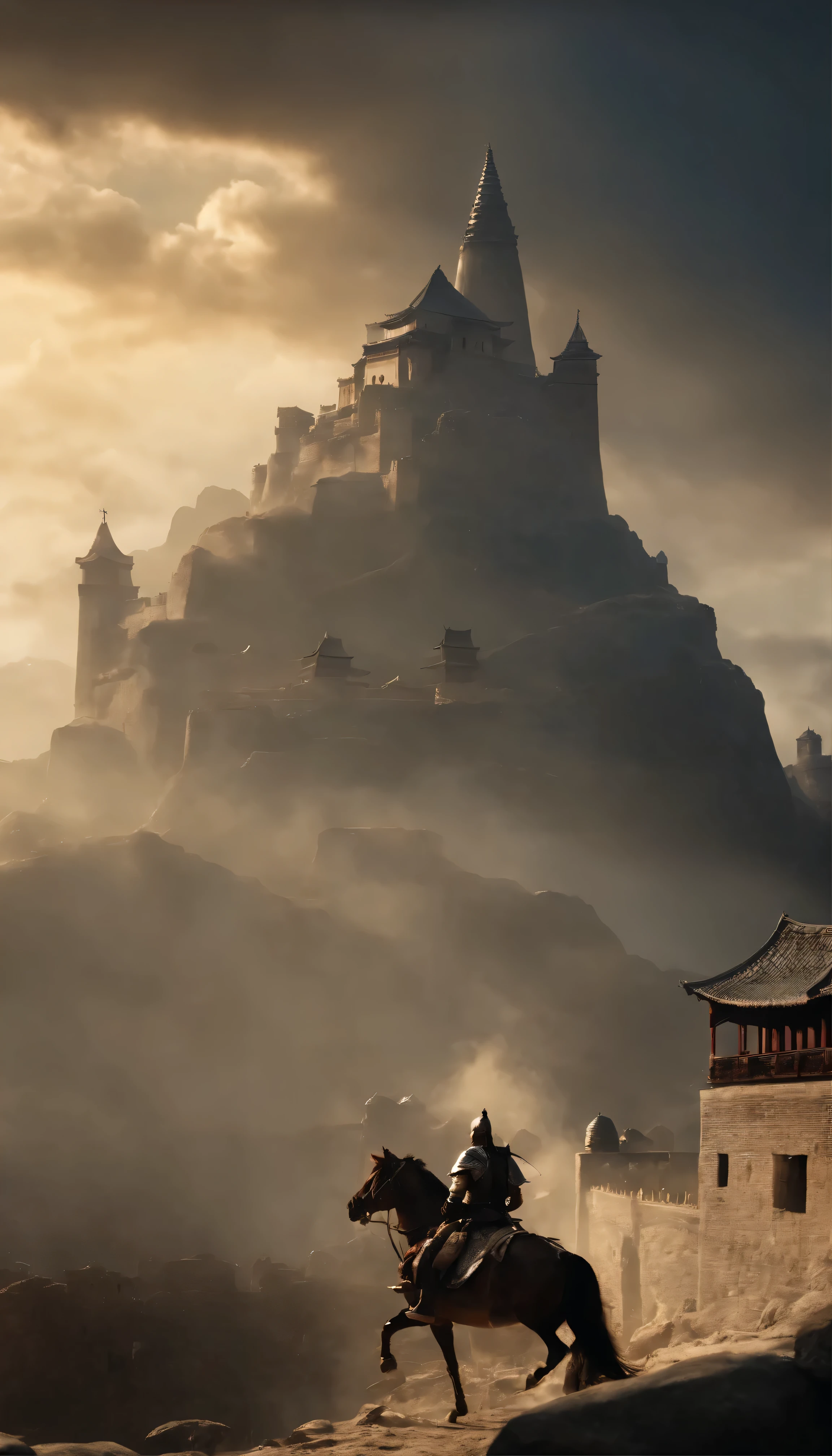 A scene from a movie(masterpiece、Highest quality、Photorealistic):The majestic building is dramatically lit、High-contrast shadows cast on the details of the fortress towers。An ancient warrior in striking armor stands atop a tower、Determination is engraved on his sculpted features、Preparing for battle。The falling stones glittering in the air、Announcement of the imminent siege of the walls of Jericho。The dust scattered by the crowd、1.Add to the exaggerated perspective of the 5-deep border、Creating immersive and awe-inspiring scenes。 The shocking enormity of