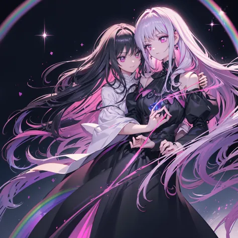 ((Fantasy　Long Hair　Pink Eyes　Rainbow Hair　Black Dress))　((night　Western style　Shining Aura　Face is close　))Distorted Space-Time...