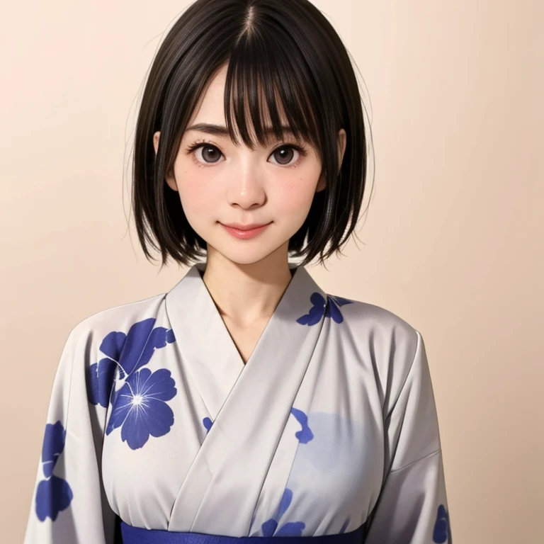 (kawaii 24 year-old Japanese girl, Nogizaka idol, Korean idol), glossy brown hair, (very short hair:1.2), beautiful black eyes, rounded face, narrow shoulders, single eyelid, (no makeup:1.2), big laughing, (yukata, Japanese traditional clothes), extra small breasts, BREAK, (simple white background:1.2), (view from forward, bust shot, id photo:1.2), BREAK, (masterpiece, best quality, photo realistic, official art:1.4), (UHD, 8K quality wallpaper, high resolution, raw photo, golden ratio:1.3), (shiny skin), professional lighting, physically based rendering, award winning, (highly detailed skin texture, extremely detailed face and eyes textures), Carl Zeiss 85 mm F/1.4, depth of field, (1girl, solo),