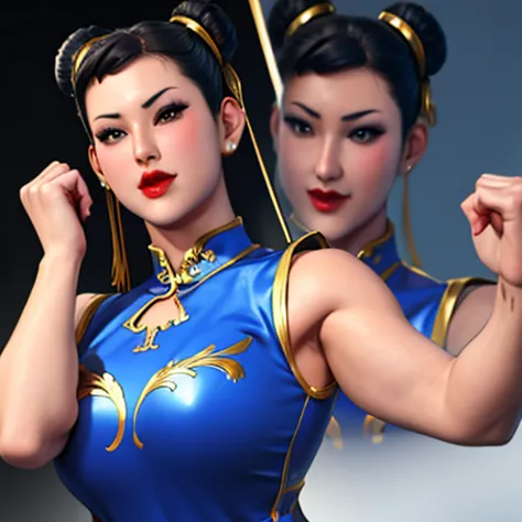 Detailed image of Chun Li red lips detailed face happy Chinese black dress performing her iconic victory pose 