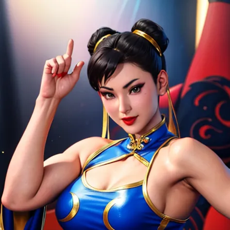 Detailed image of Chun Li red lips detailed face happy Chinese black dress performing her iconic victory pose 