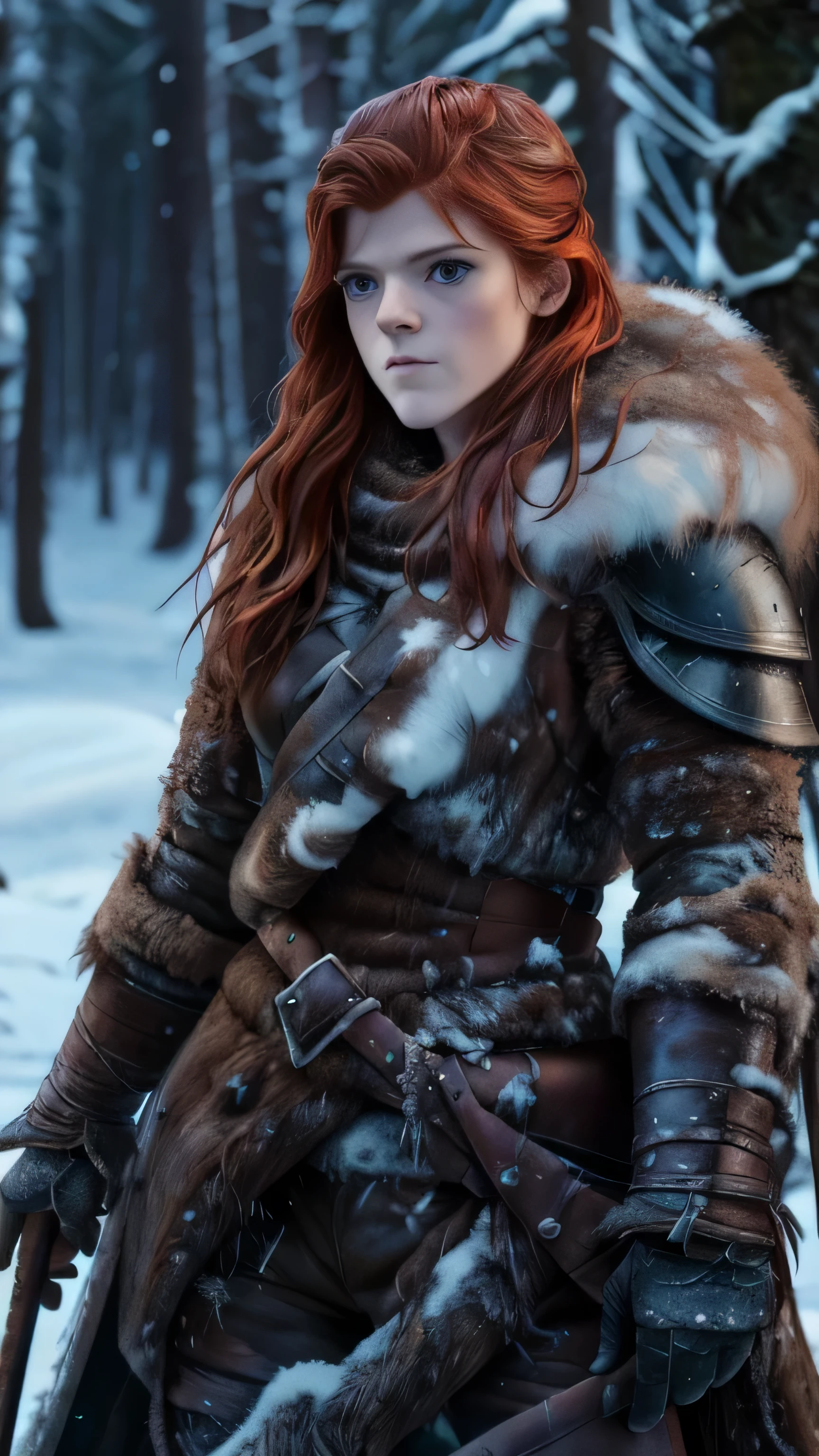 (Rose Leslie) as Ygritte, fur armor, fur boots, standing, in a forest, (1man), (solo), (full body view), beautiful detailed glow, detailed, cinematic light, intricate detail, realistic, highres, detailed facial features, high detail, sharp focus, smooth, aesthetic, extremely detailed, stamp, octane render