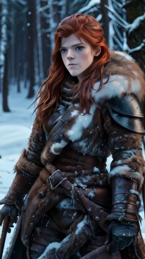 (Rose Leslie) as Ygritte, fur armor, fur boots, standing, in a forest, (1man), (solo), (full body view), beautiful detailed glow...