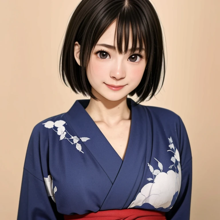 (kawaii 24 year-old Japanese girl, Nogizaka idol, Korean idol), glossy brown hair, (very short hair:1.2), beautiful black eyes, rounded face, narrow shoulders, single eyelid, (no makeup:1.2), (big laughing:1.2), (yukata, Japanese traditional clothes), extra small breasts, BREAK, (simple white background:1.2), (view from forward, bust shot, id photo:1.2), BREAK, (masterpiece, best quality, photo realistic, official art:1.4), (UHD, 8K quality wallpaper, high resolution, raw photo, golden ratio:1.3), (shiny skin), professional lighting, physically based rendering, award winning, (highly detailed skin texture, extremely detailed face and eyes textures), Carl Zeiss 85 mm F/1.4, depth of field, (1girl, solo),